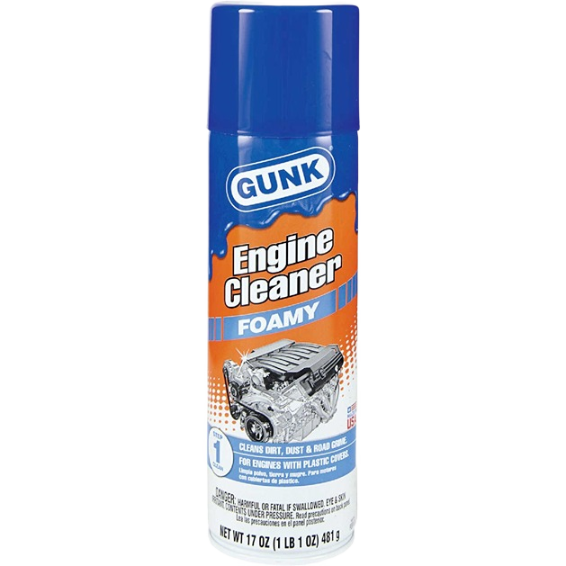 Blue and orange aerosol can of foamy engine cleaner for removing dirt and grime from automotive engines in cleaning supplies collections