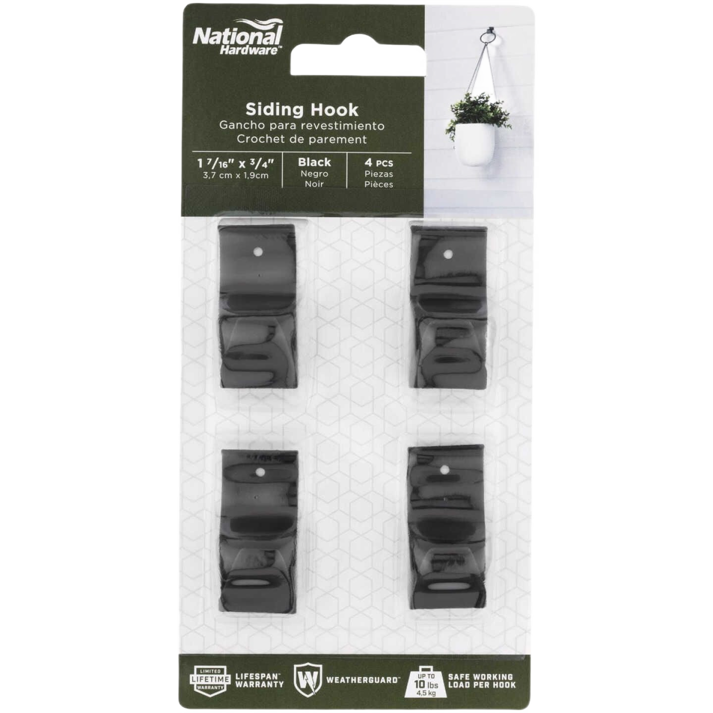 Set of four black steel siding hooks with mounting holes for hanging plants in home improvement projects