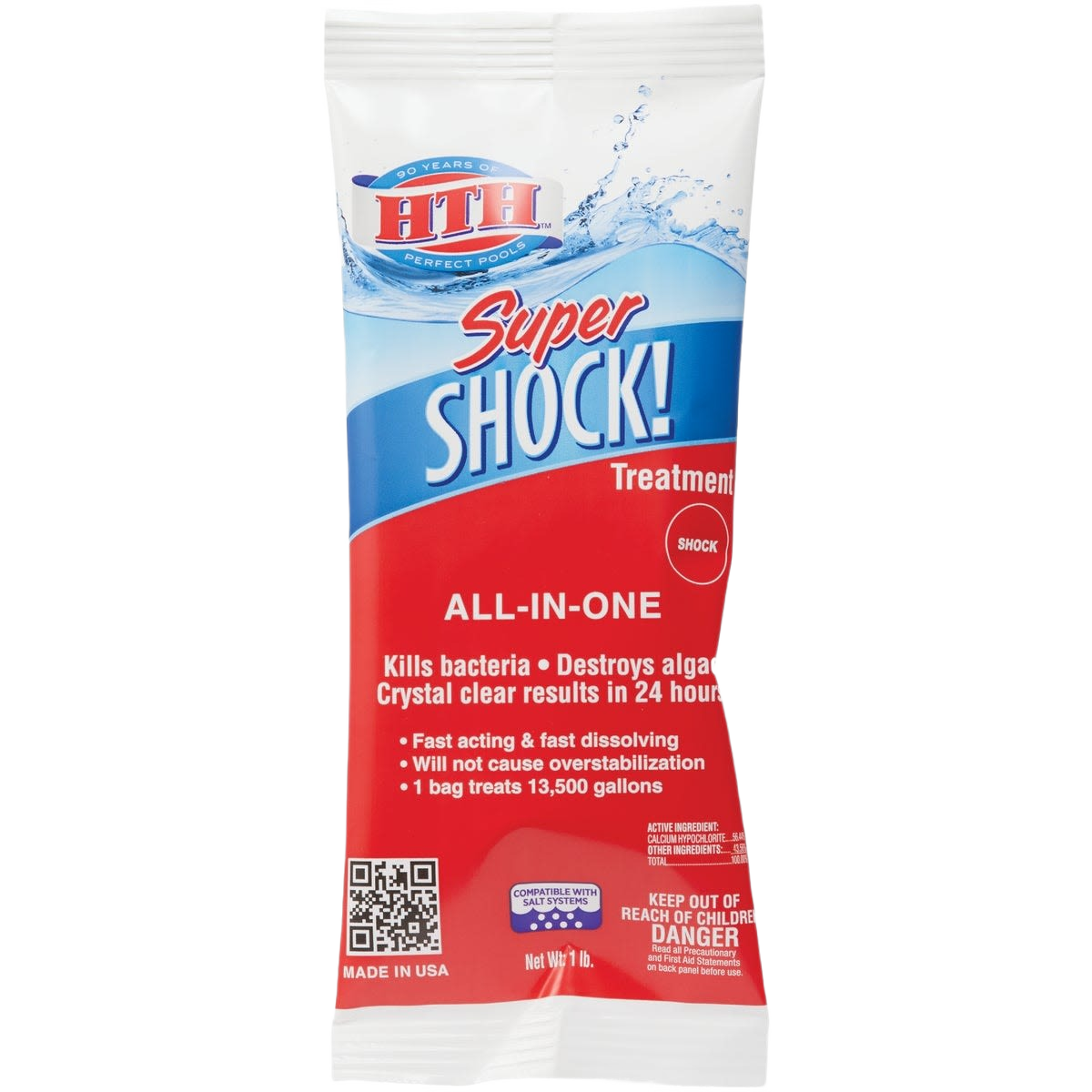 Packet of HTH Super Shock granular pool treatment for killing bacteria and eliminating algae to maintain clear water