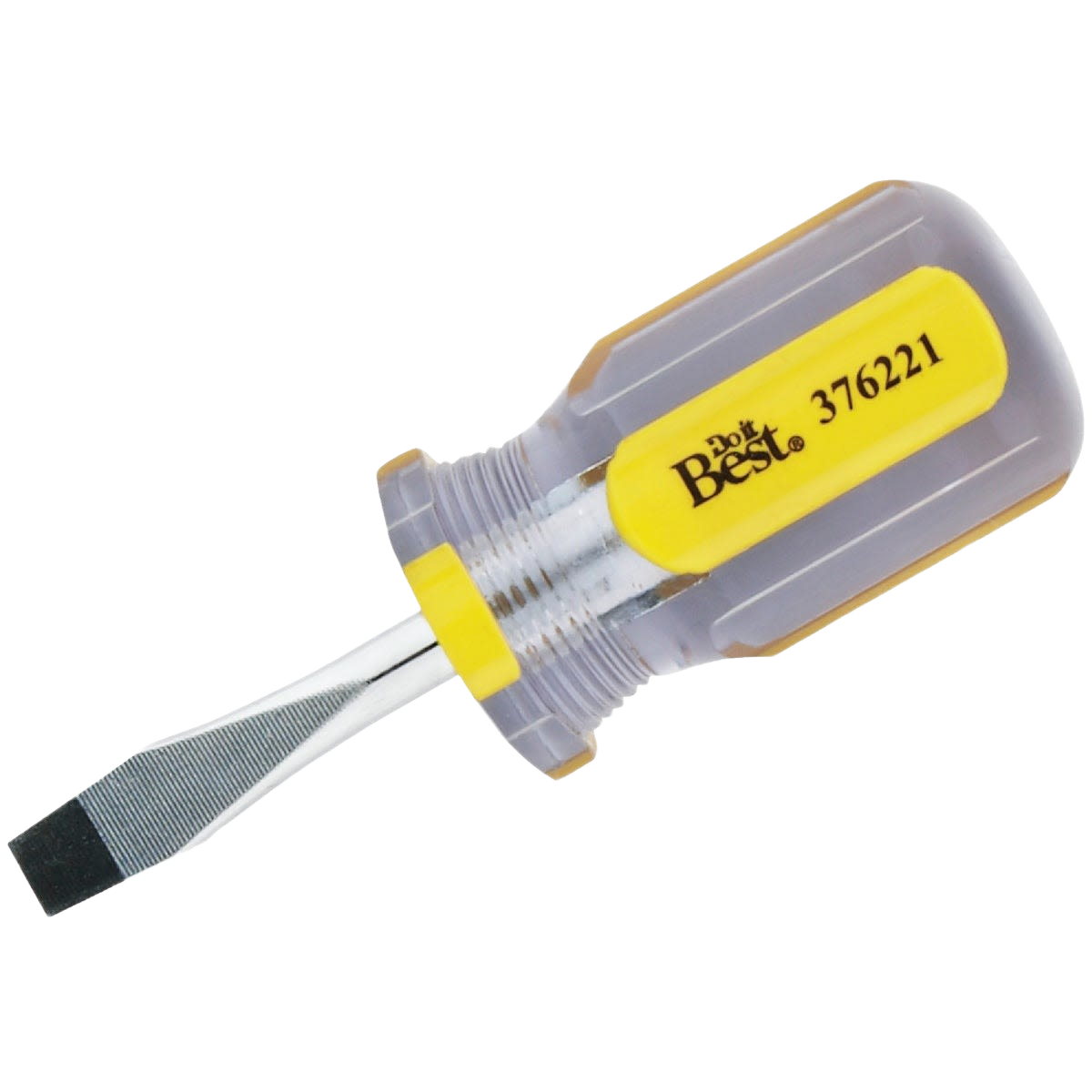 Stub screwdriver with yellow and gray handle and slotted tip for tools and home improvement tasks
