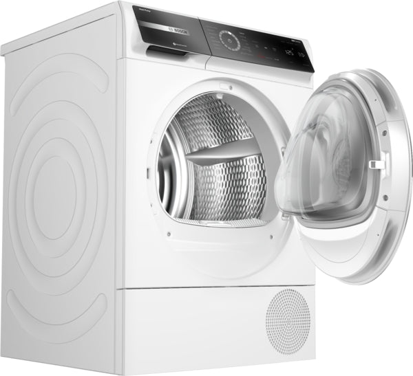 White heat pump dryer with open transparent door, stainless steel drum, and black digital control panel from Bosch appliances collection