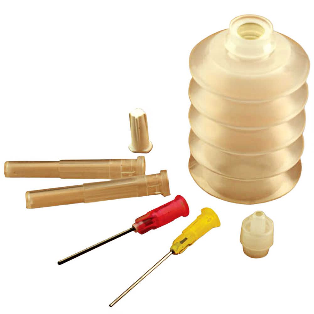 Accordion-style squeeze bottle with precision tips and caps for glue and adhesives in paint and supplies collections