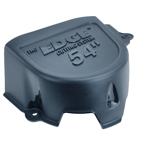 Right side shield part in black durable plastic for garden equipment with embossed branding and size details