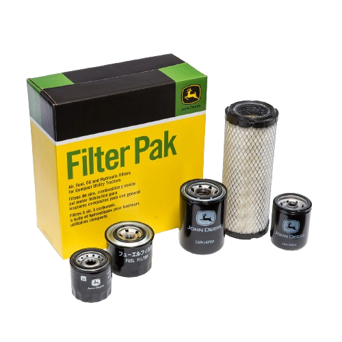 John Deere Filter Pak with oil, fuel, and air filters for compact utility tractor maintenance in parts and lubricants collection