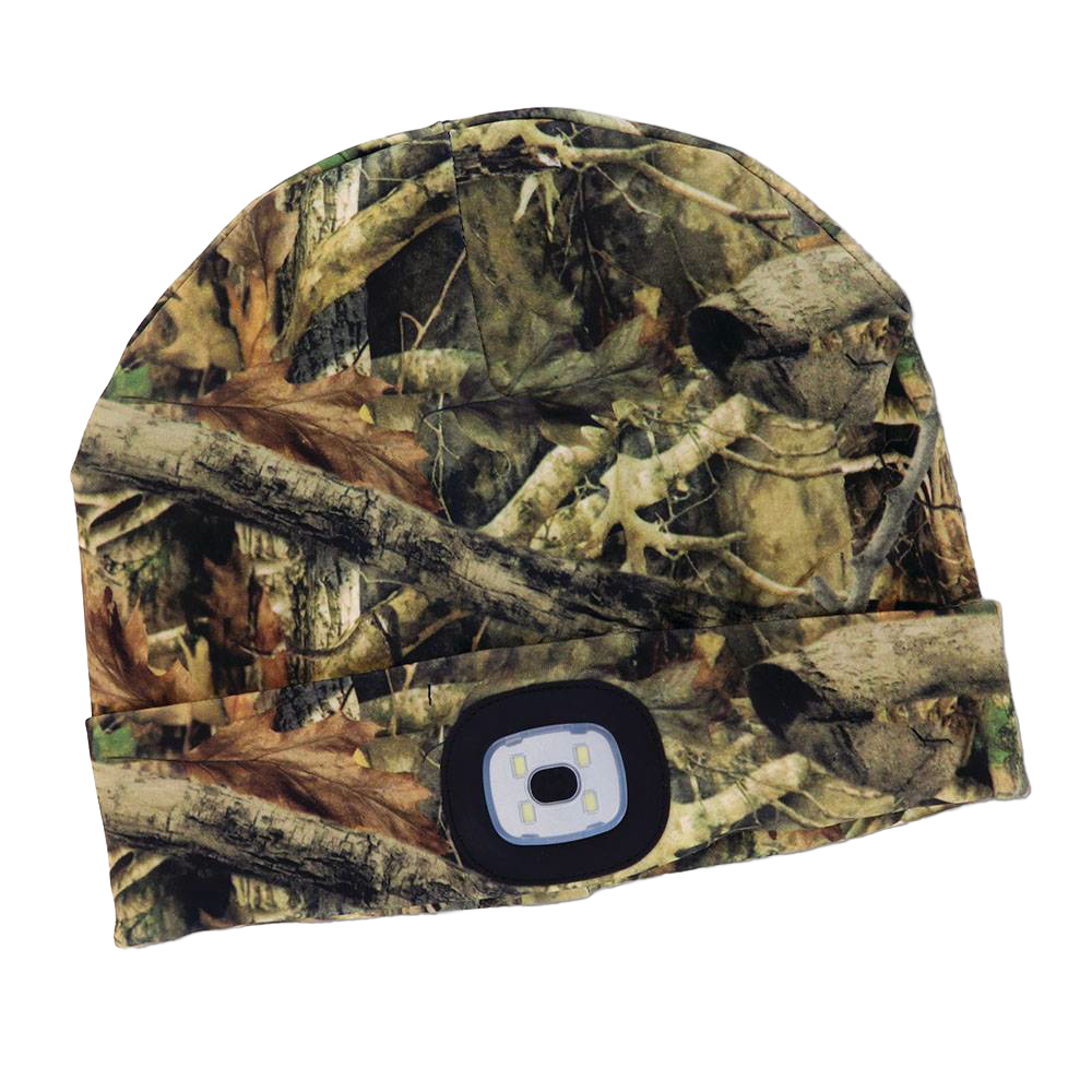 Camouflage pattern beanie with built-in LED light, part of Accessories and Clothing collections under $50.