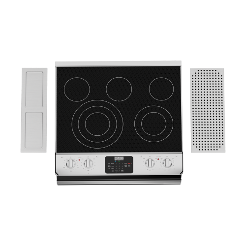 Electric cooktop in stainless steel with five smooth cooking zones, control knobs, and digital display panel for kitchen appliances