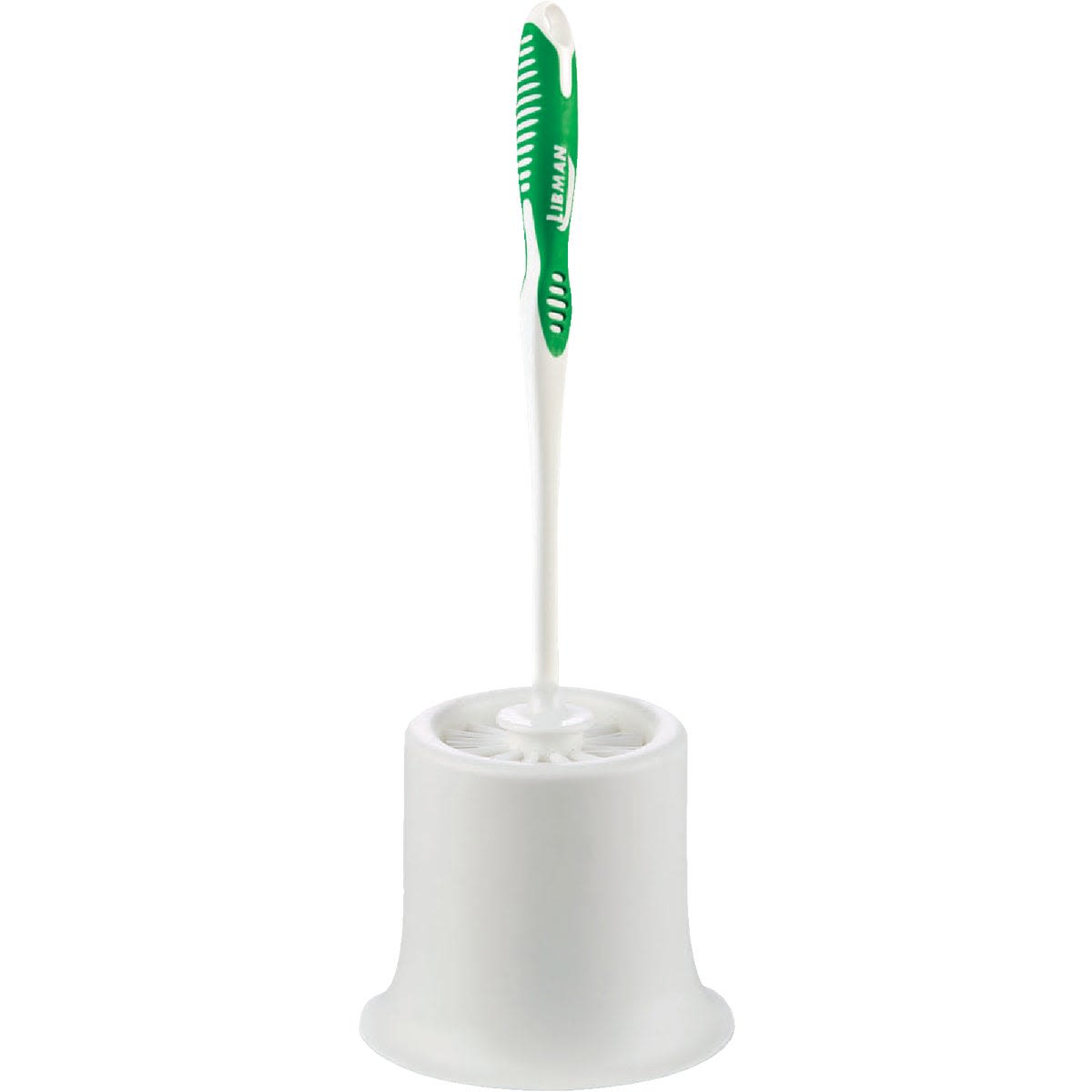 Toilet brush with durable bristles and ergonomic handle in a white caddy, ideal for cleaning tools under $50 collections