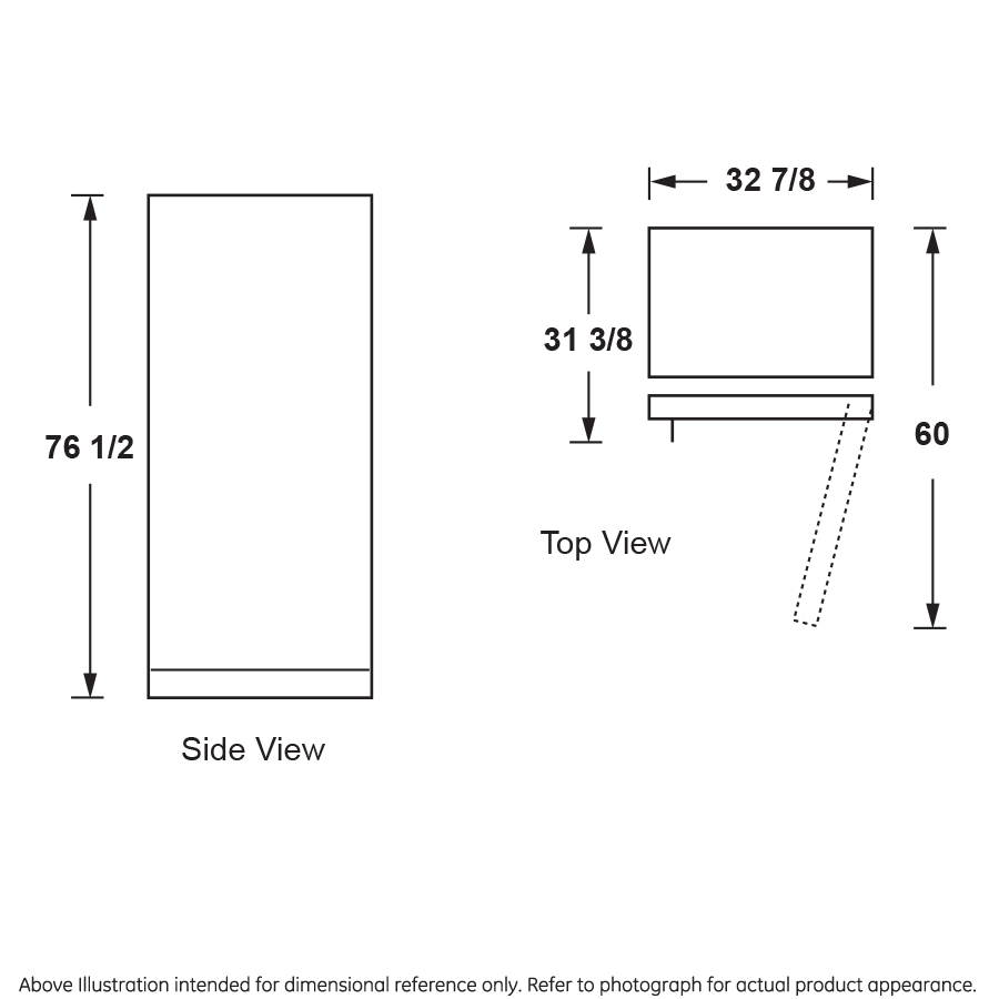 Dimensional diagram of upright freezer showing side height 76.5 inches and top view with door clearance 60 inches from front collection Freezers.