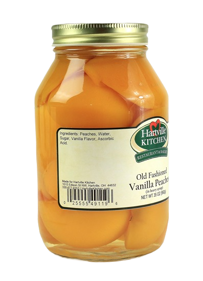Glass jar of Hartville Kitchen peaches preserved in vanilla-flavored syrup from jams and jellies collection