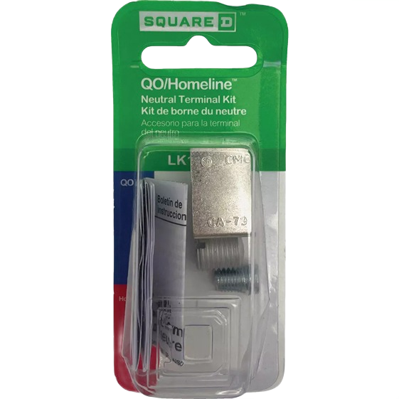 Aluminum neutral terminal kit with mounting screws in clear plastic packaging for electrical home improvement tasks