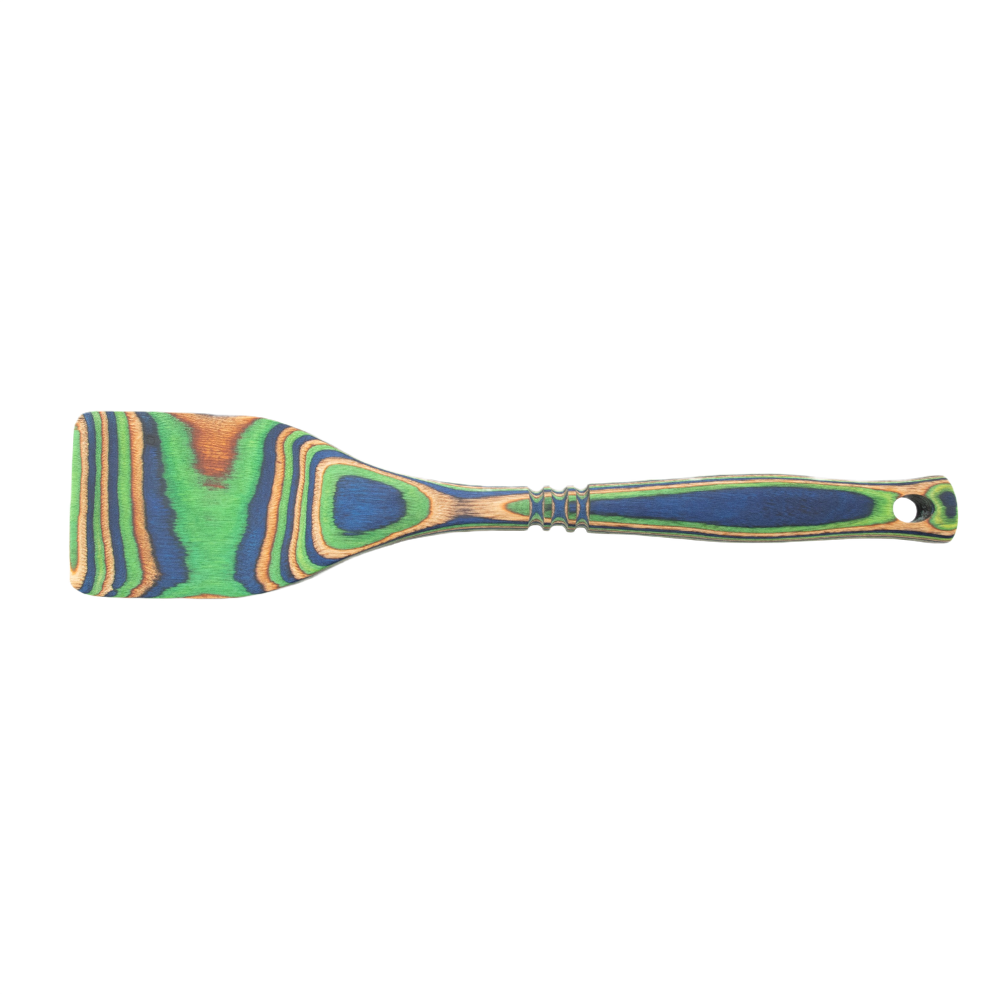 Colorful laminated Pakka wood spatula with peacock-inspired pattern in kitchen utensils and gadgets collections