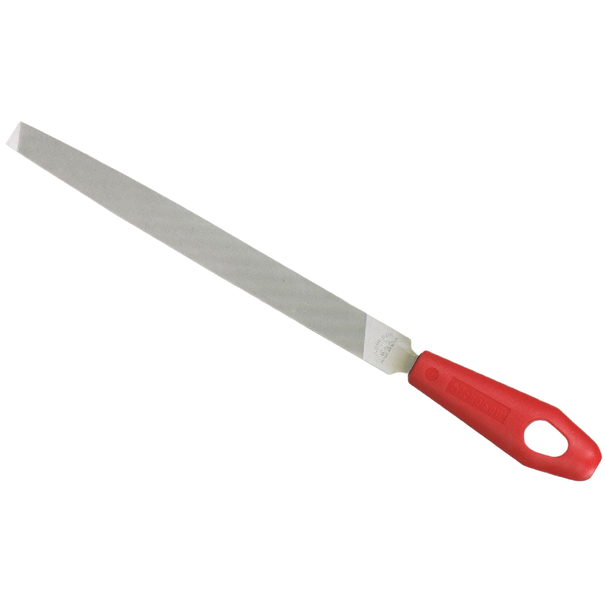 Handheld mill bastard file with red plastic grip for metal shaping and finishing in tools and home improvement tasks