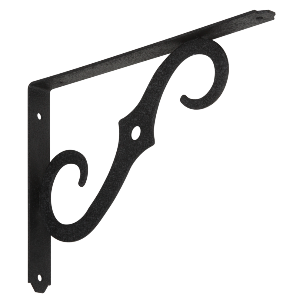 Black steel ornamental shelf bracket with decorative scrollwork for shelving and storage organization in home improvement