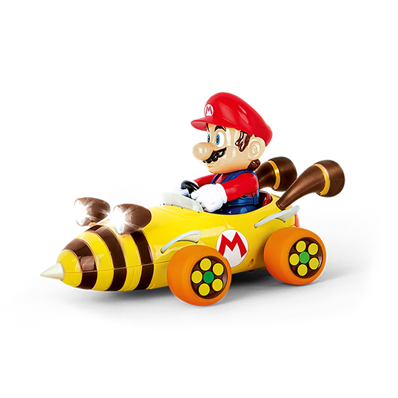 Toy race car styled like a yellow and black bumblebee with Mario figure seated for play and display