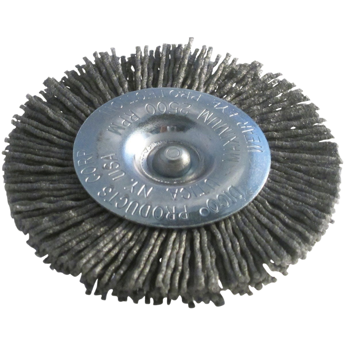 Extra coarse wire wheel brush with twisted steel bristles and metal center for heavy-duty cleaning and surface preparation.