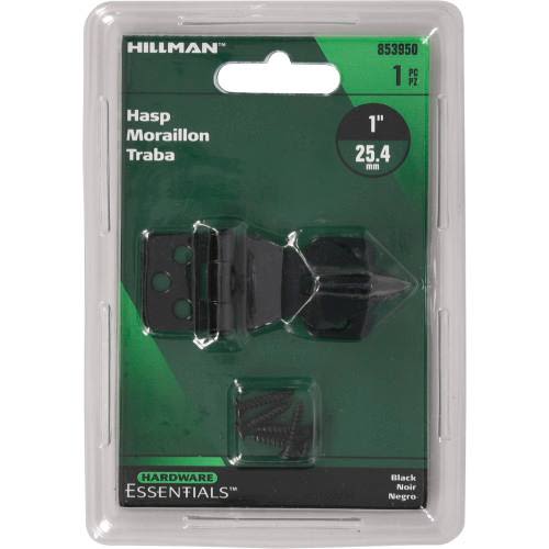 Black 1-inch decorative hasp with screws for securing doors, cabinets, and furniture in home improvement projects.