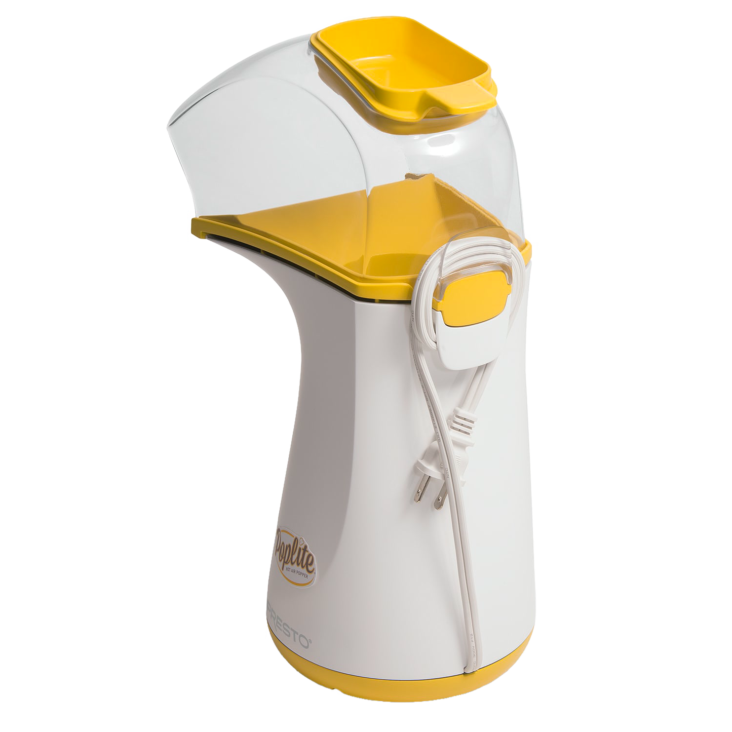 Tall white and yellow hot air popcorn popper with clear plastic cover, part of kitchen appliances and small kitchenware collections