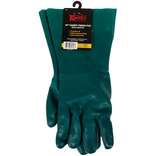 Green PVC coated work gloves with gauntlet cuffs for chemical handling and industrial cleaning in safety and hardware tasks