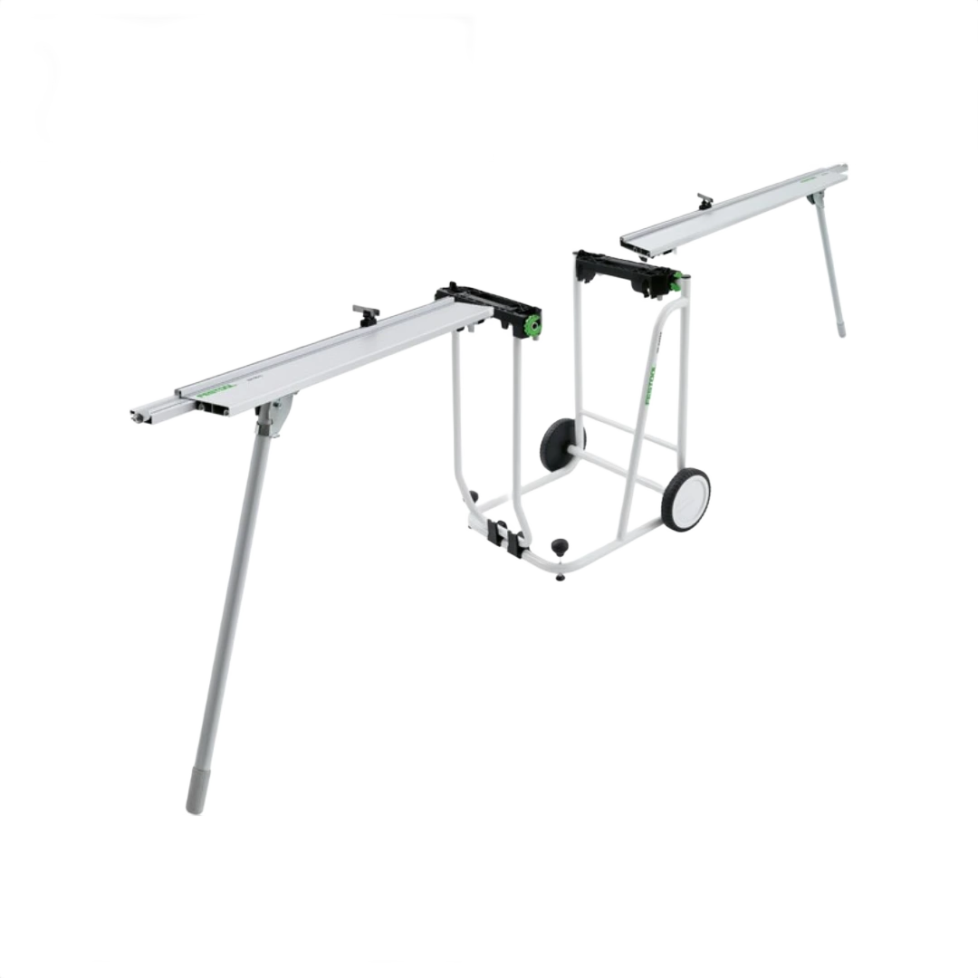 Mobile cutting station with extendable aluminum rails and wheeled frame for saw accessories and home improvement tasks