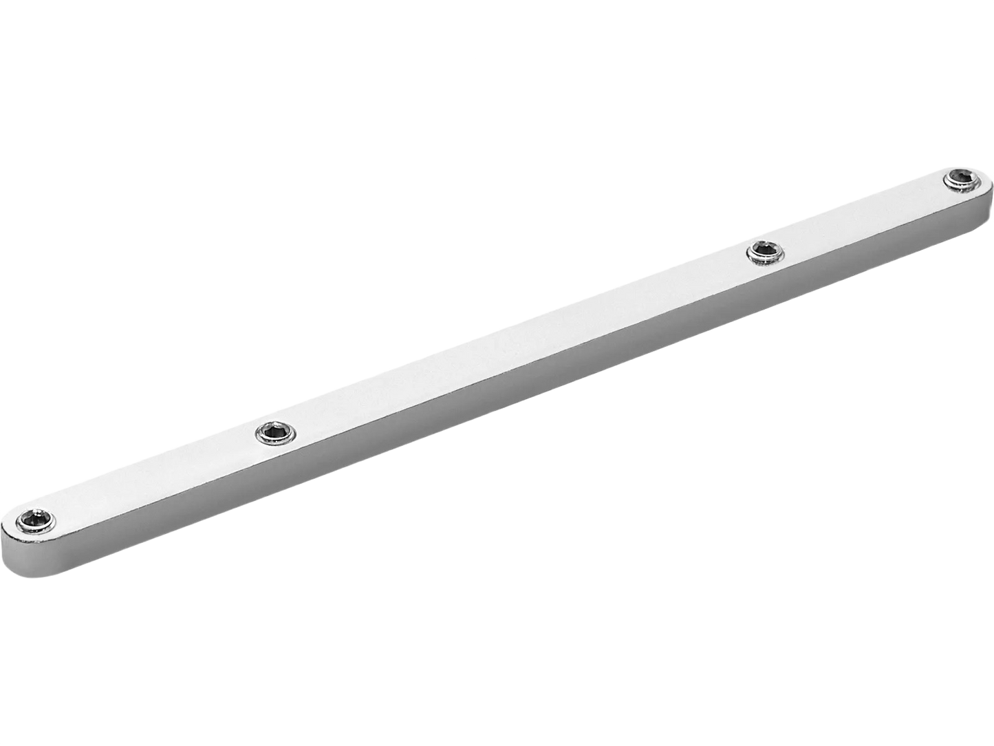Long metal connector bar with screw holes for joining multifunction woodworking tables and tool accessories