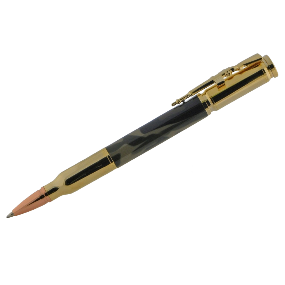 Ballpoint pen with gold and camouflage-finished barrel and rifle cartridge-inspired design for woodworking tools collection