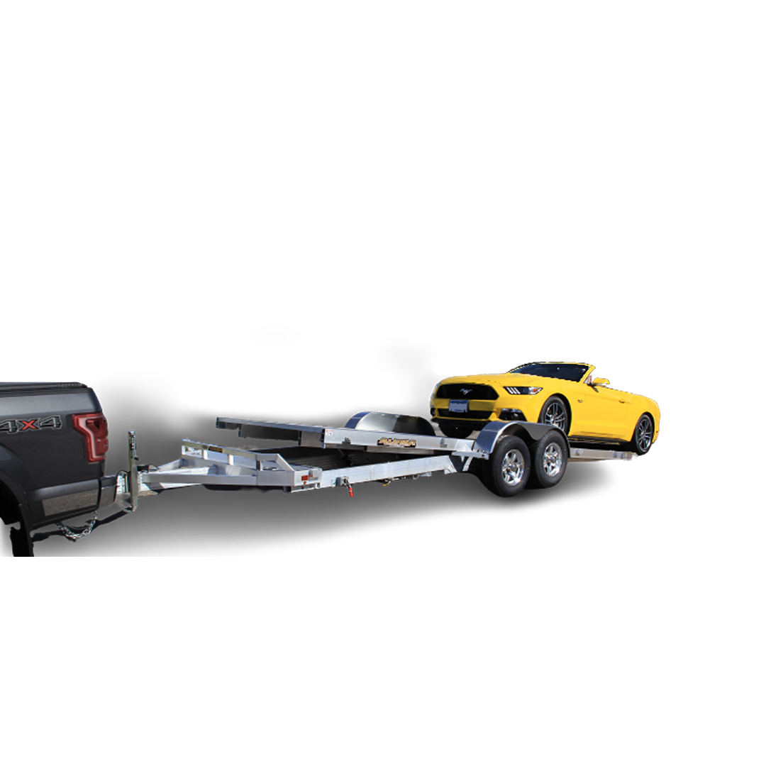 Aluminum tandem axle car hauler trailer with tilt bed transporting yellow convertible car for home improvement tasks