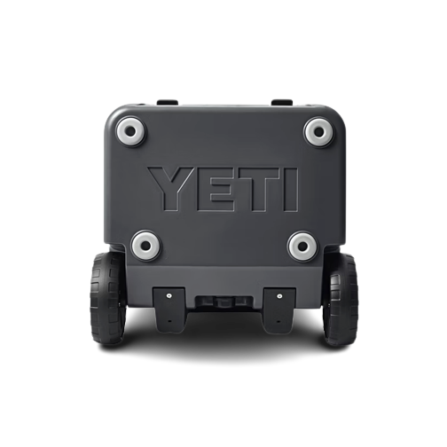 Rear view of dark gray wheeled cooler showcasing durable base and large wheels for food storage and organization collections