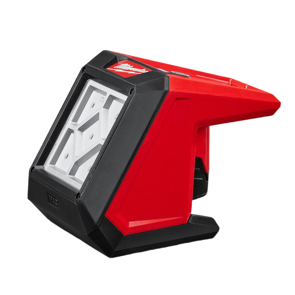 Red and black Milwaukee mounting flood light with integrated magnets and clamp for versatile work light applications under $100 collection