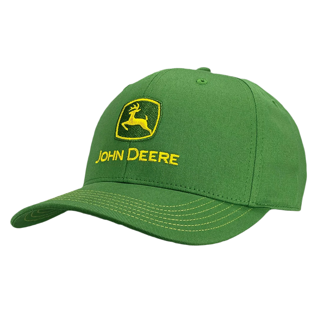 Green woven twill hat with embroidered yellow John Deere logo, part of John Deere Products under $50 collection