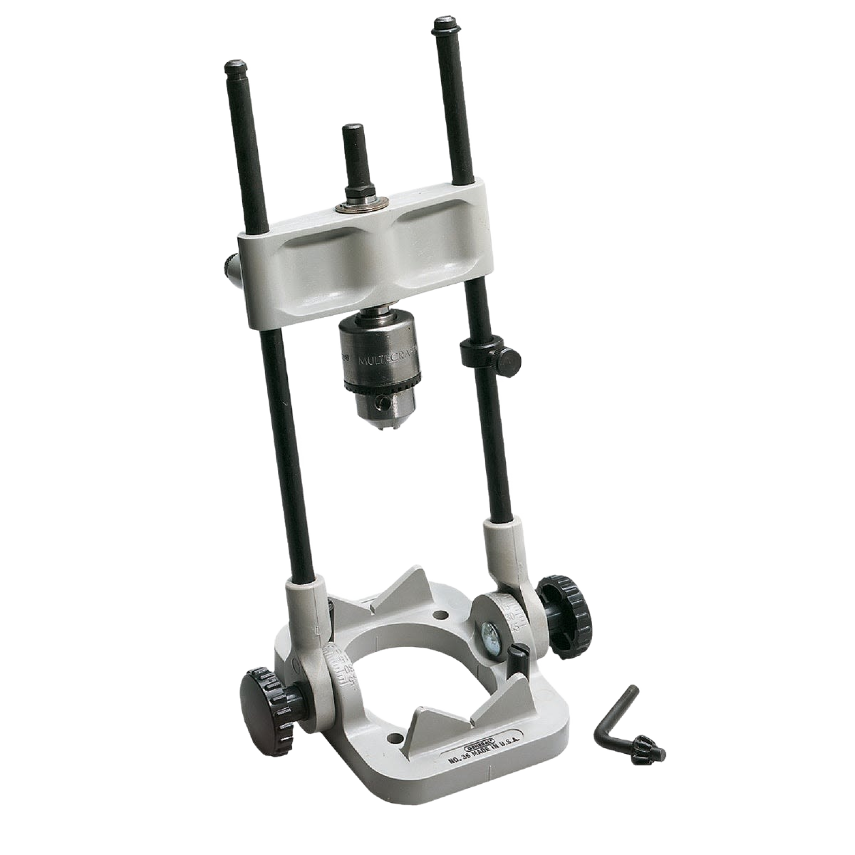 Precision drill guide with adjustable rods and base for accurate drilling in tools and home improvement projects