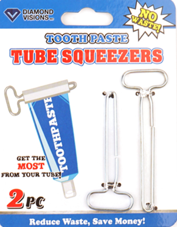 Two silver metal toothpaste tube squeezers packaged with blue and white branding for home and bathroom use