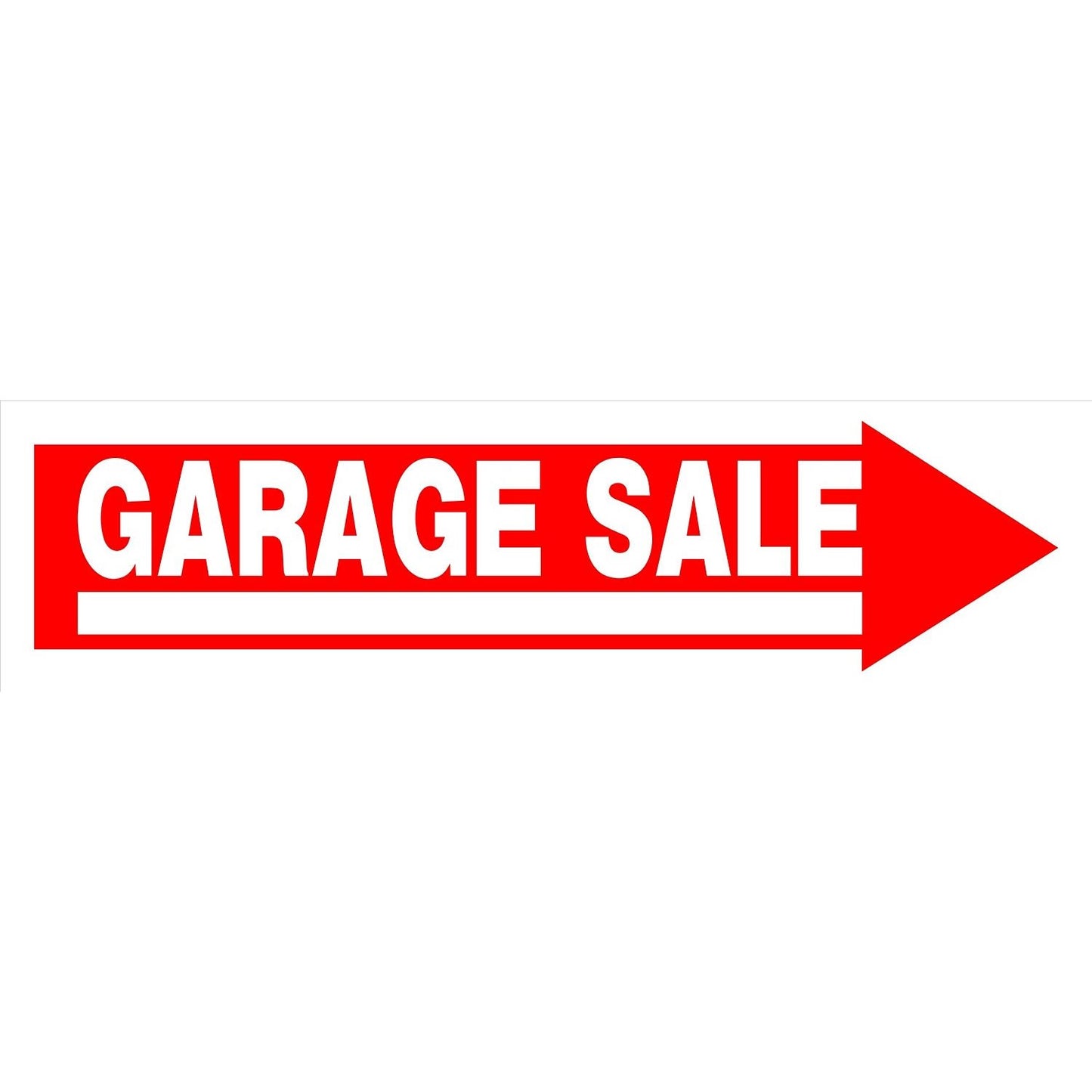 Red and white directional sign with bold text for garage sale indicating location for home improvement events