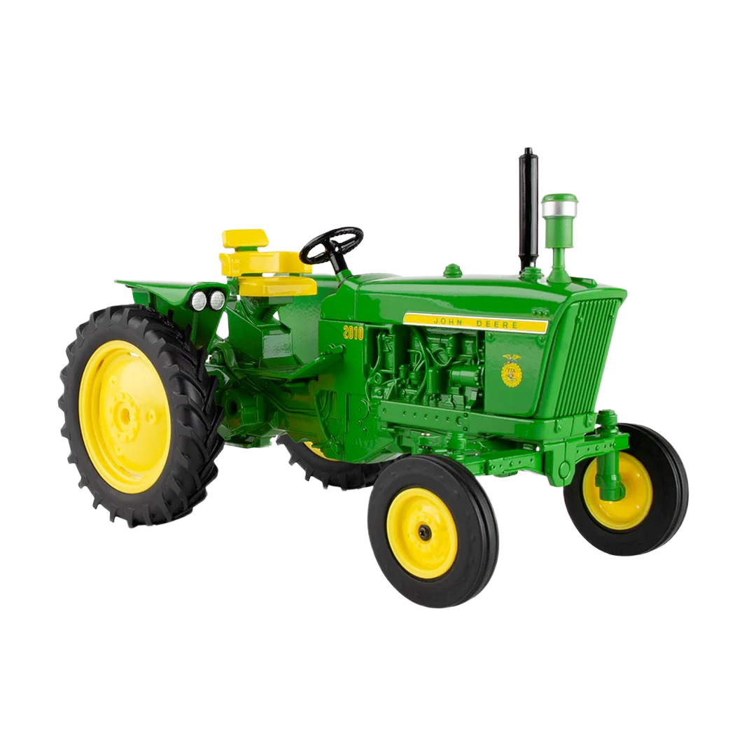 Green and yellow scale model tractor with detailed engine and large rear tires for collectible display