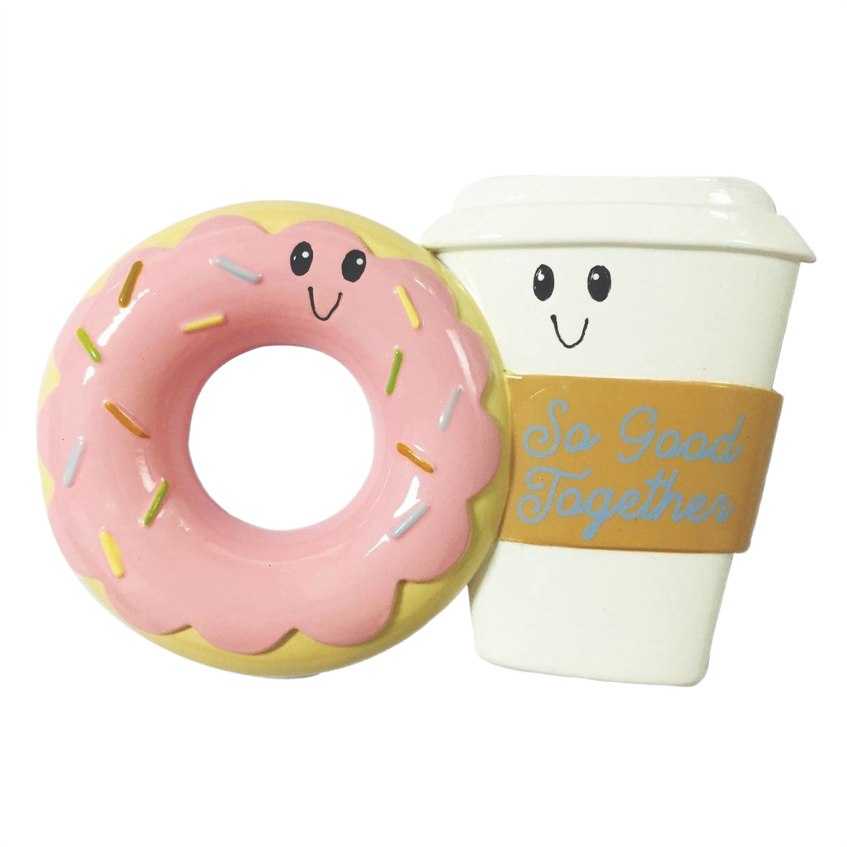 Playful ornament of smiling pink sprinkled donut and white coffee cup with “So Good Together” sleeve for Christmas decor