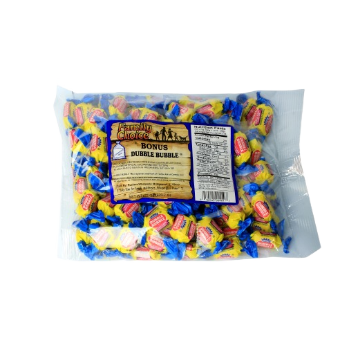 Clear plastic bag filled with individually wrapped double bubble gum pieces in yellow and blue wrappers
