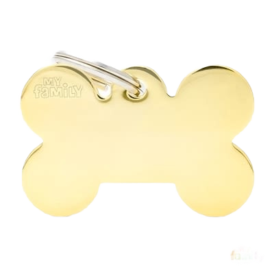 Polished gold brass pet ID tag in bone shape with keyring attachment for secure pet identification.