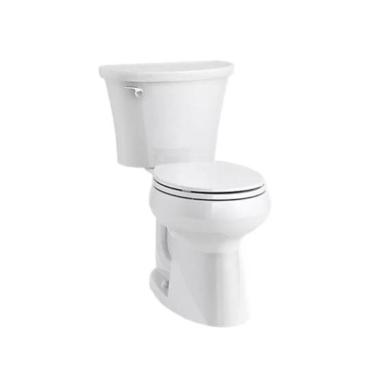 White round bowl toilet with a two-piece design and water-efficient 1.28 GPF flush for home improvement.
