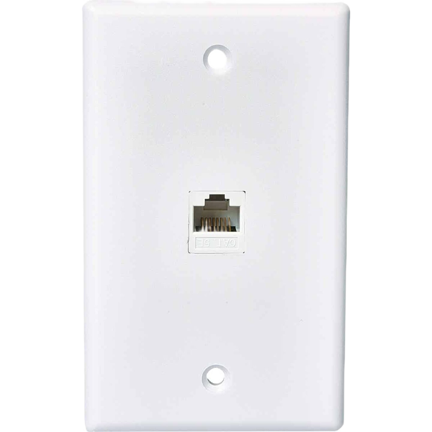 White flush mount wall plate with single Cat 5E/6 data and phone jack for electrical installation