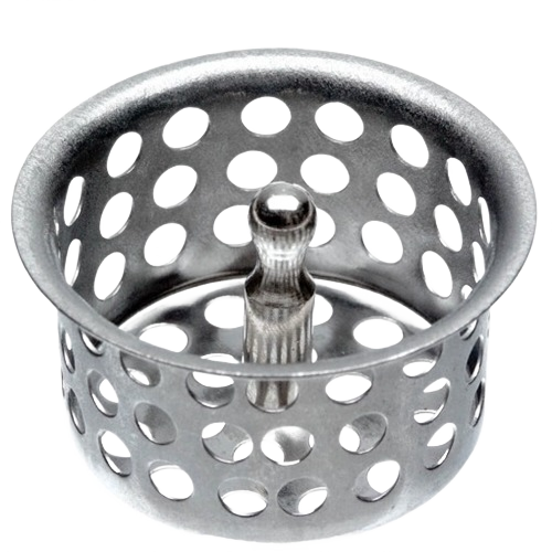Chrome-plated basket strainer with perforated sides and central post for plumbing parts and sink repair applications
