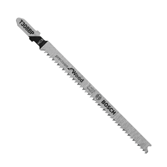 Single Bosch precision wood jigsaw blade with sharp teeth designed for clean, detailed cutting in home improvement projects