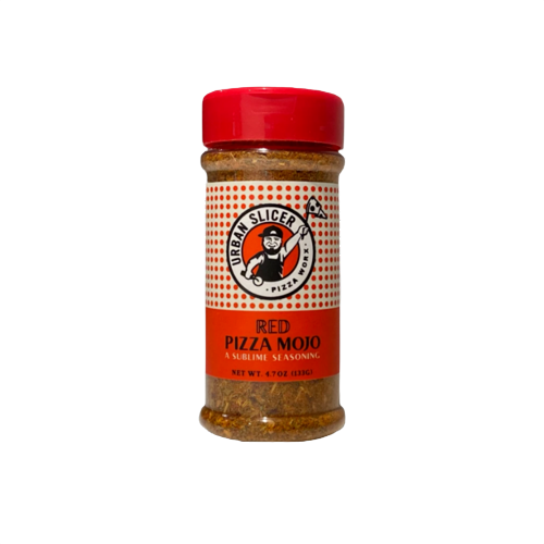 Clear plastic jar with red lid containing red pizza mojo seasoning blend for grilling and BBQ collections