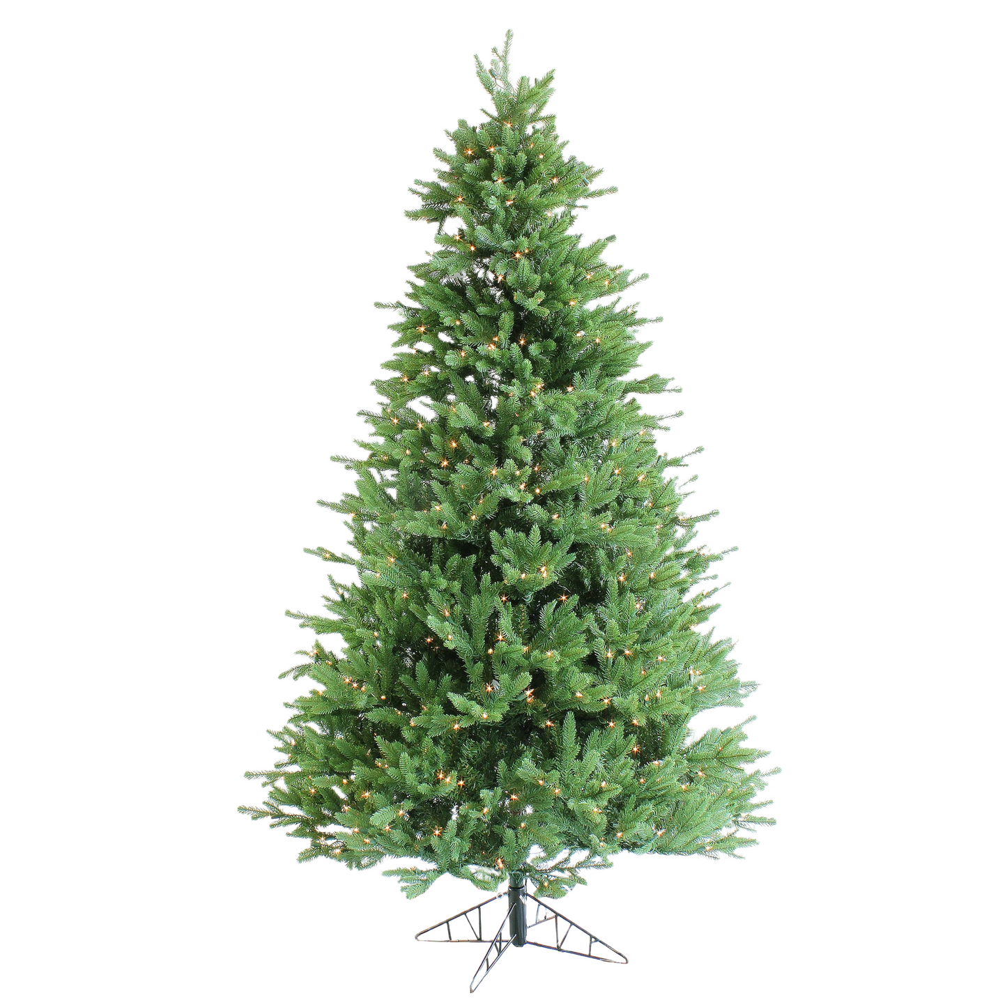 Artificial green spruce Christmas tree with clear incandescent lights and metal stand for holiday decor