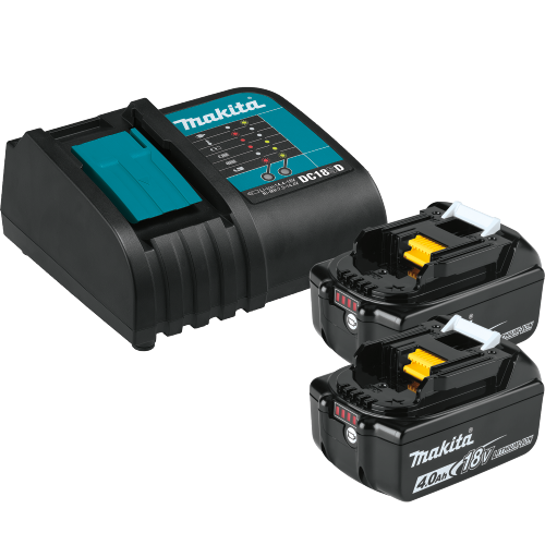 Black and teal charger with two 18V lithium-ion batteries for tools and home improvement use