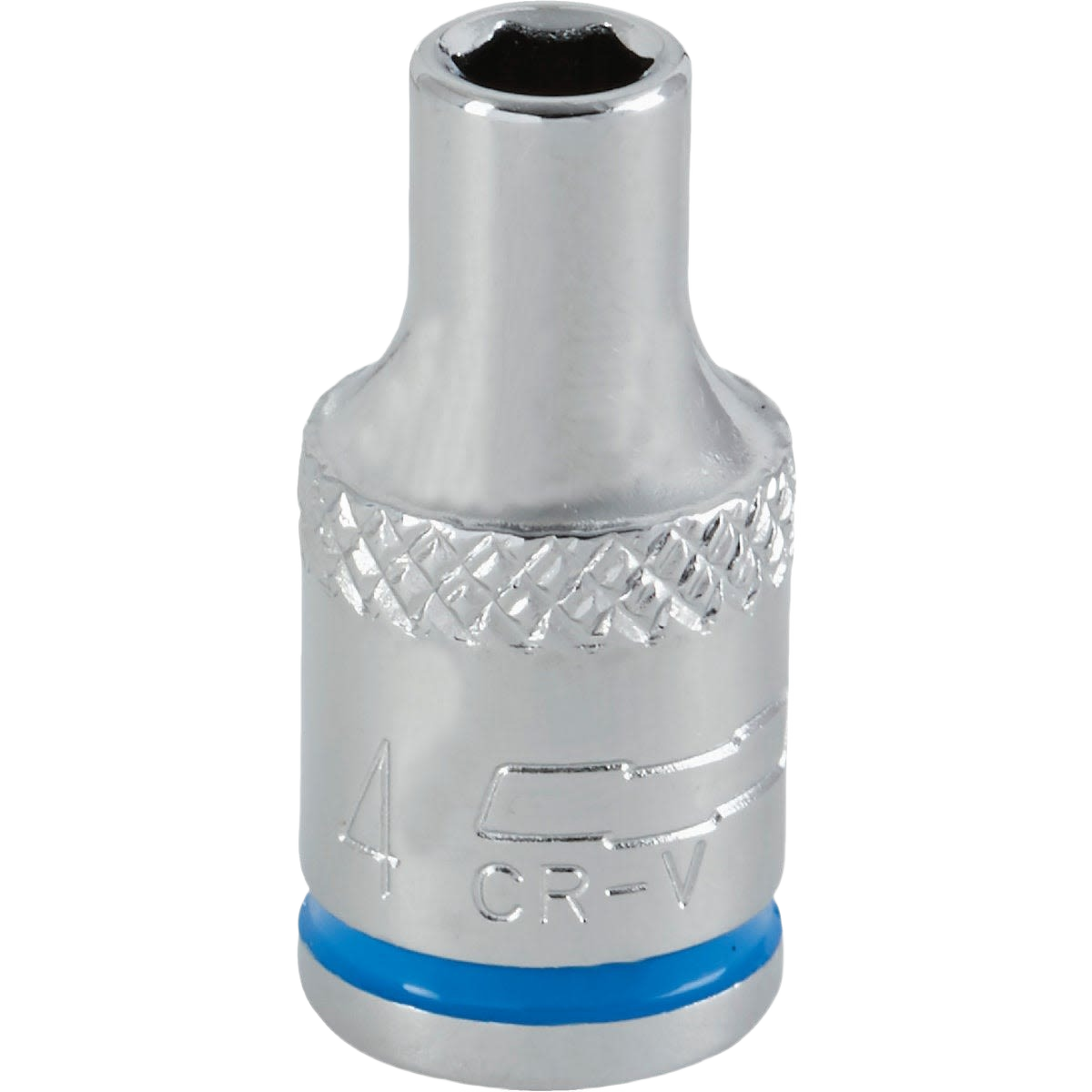 Chrome vanadium steel 4mm 6-point shallow metric socket with blue band for easy size identification in hand tool sets