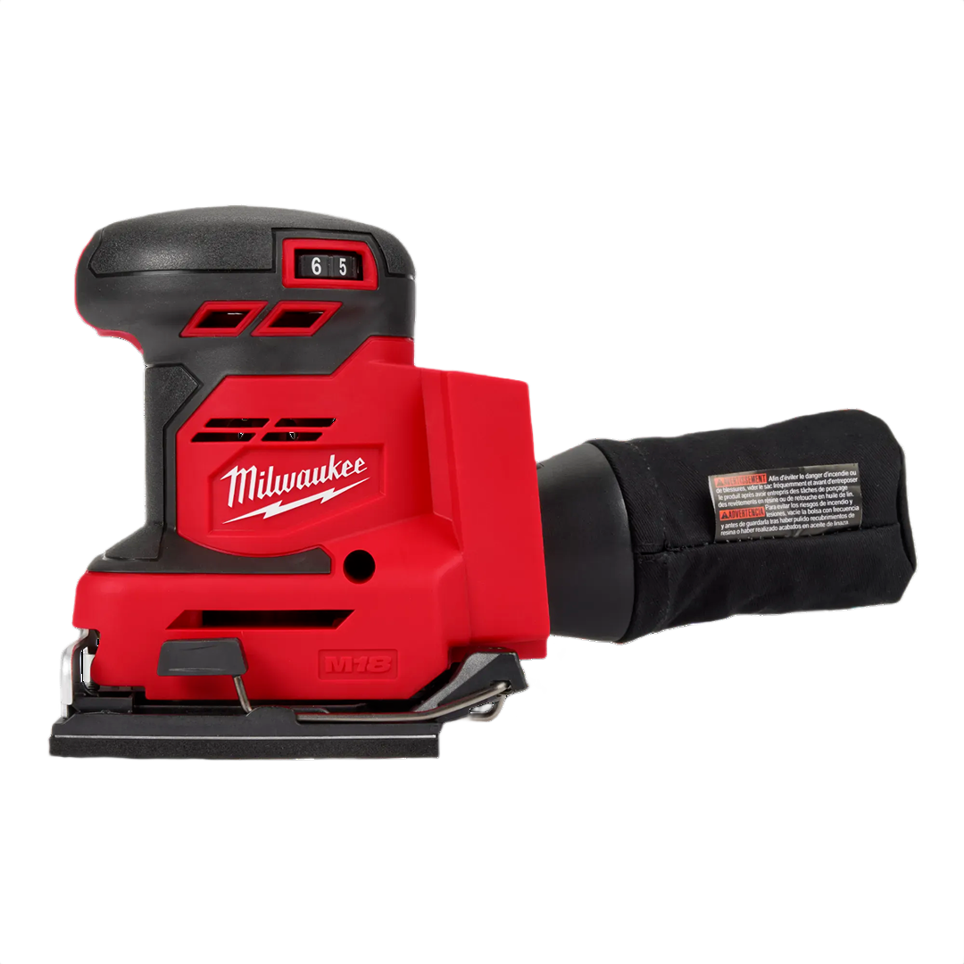 Cordless red and black 1/4 sheet orbital sander with dust collection bag for tools and home improvement projects