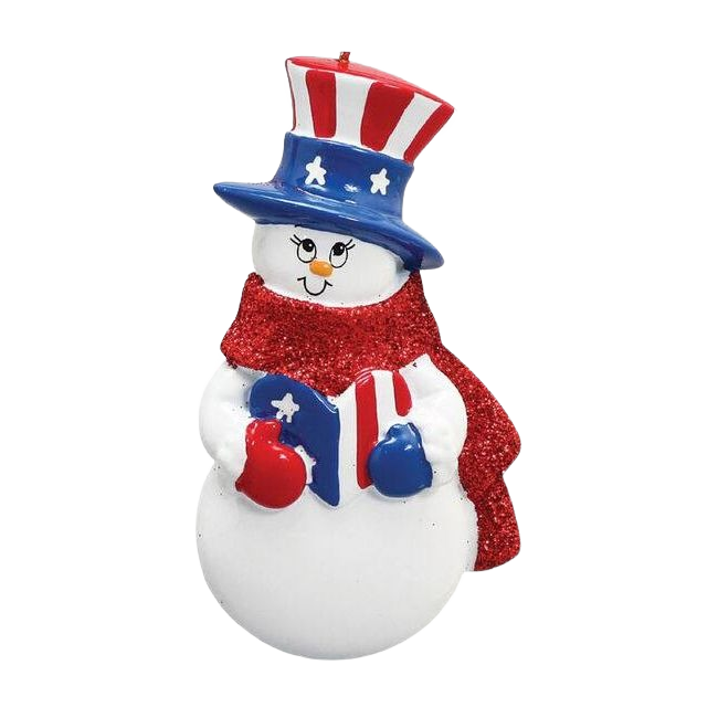Snowman ornament in red, white, and blue hat and scarf holding a patriotic-themed gift for Christmas decorations under $50 collection