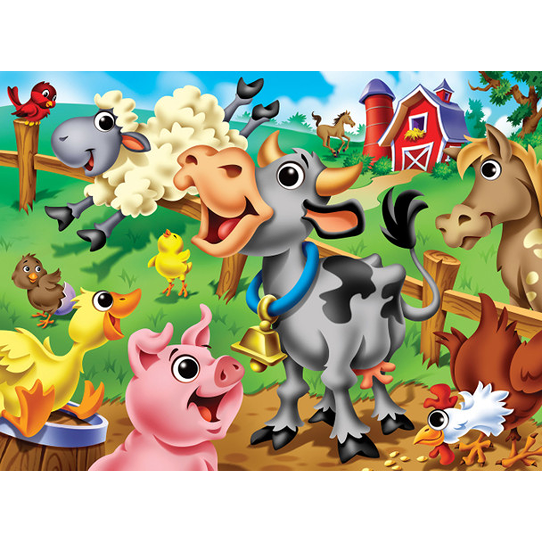 Cheerful farm animals with large googly eyes in a vibrant countryside scene featuring a red barn and green trees.