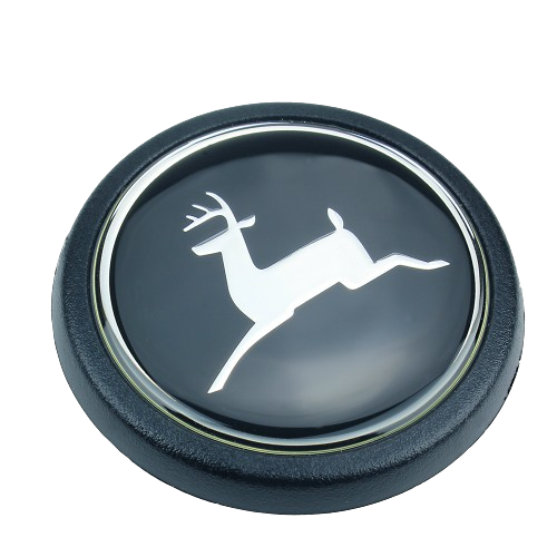 Round black steering wheel cap with silver deer logo and chrome trim for vehicle accessory replacement