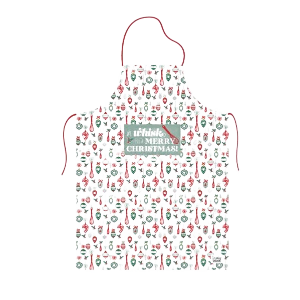 Christmas apron with festive utensil pattern and "Whisk to be Merry Christmas" text for holiday kitchen use