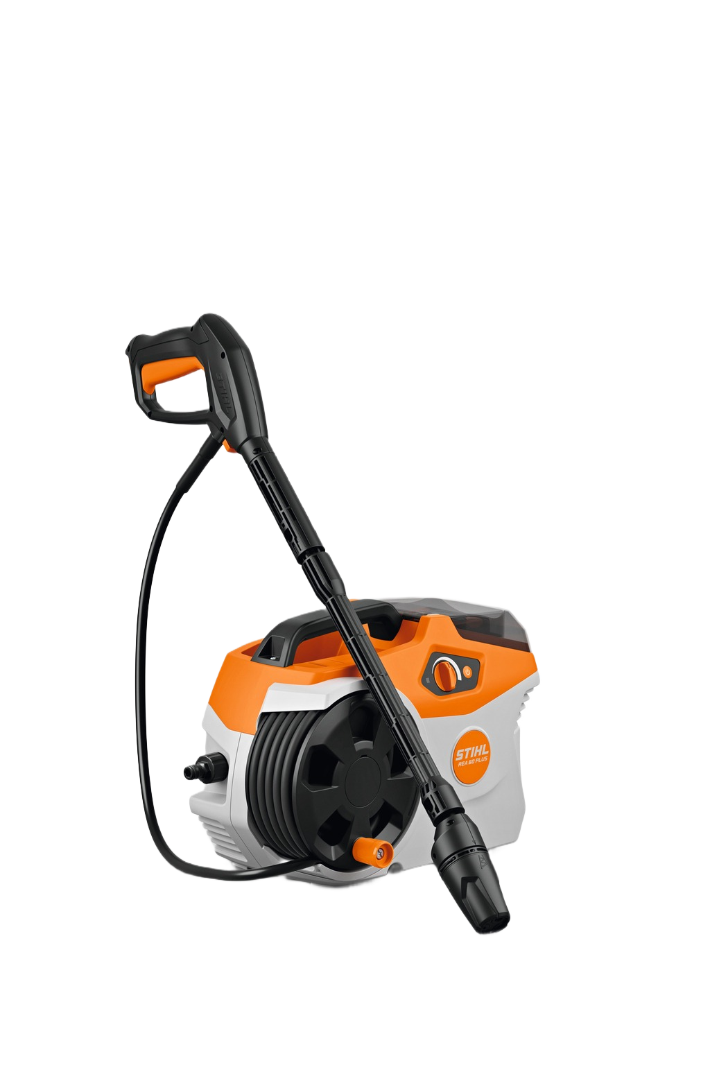 Orange and white compact pressure washer with hose reel and ergonomic spray gun for home improvement and cleaning tasks
